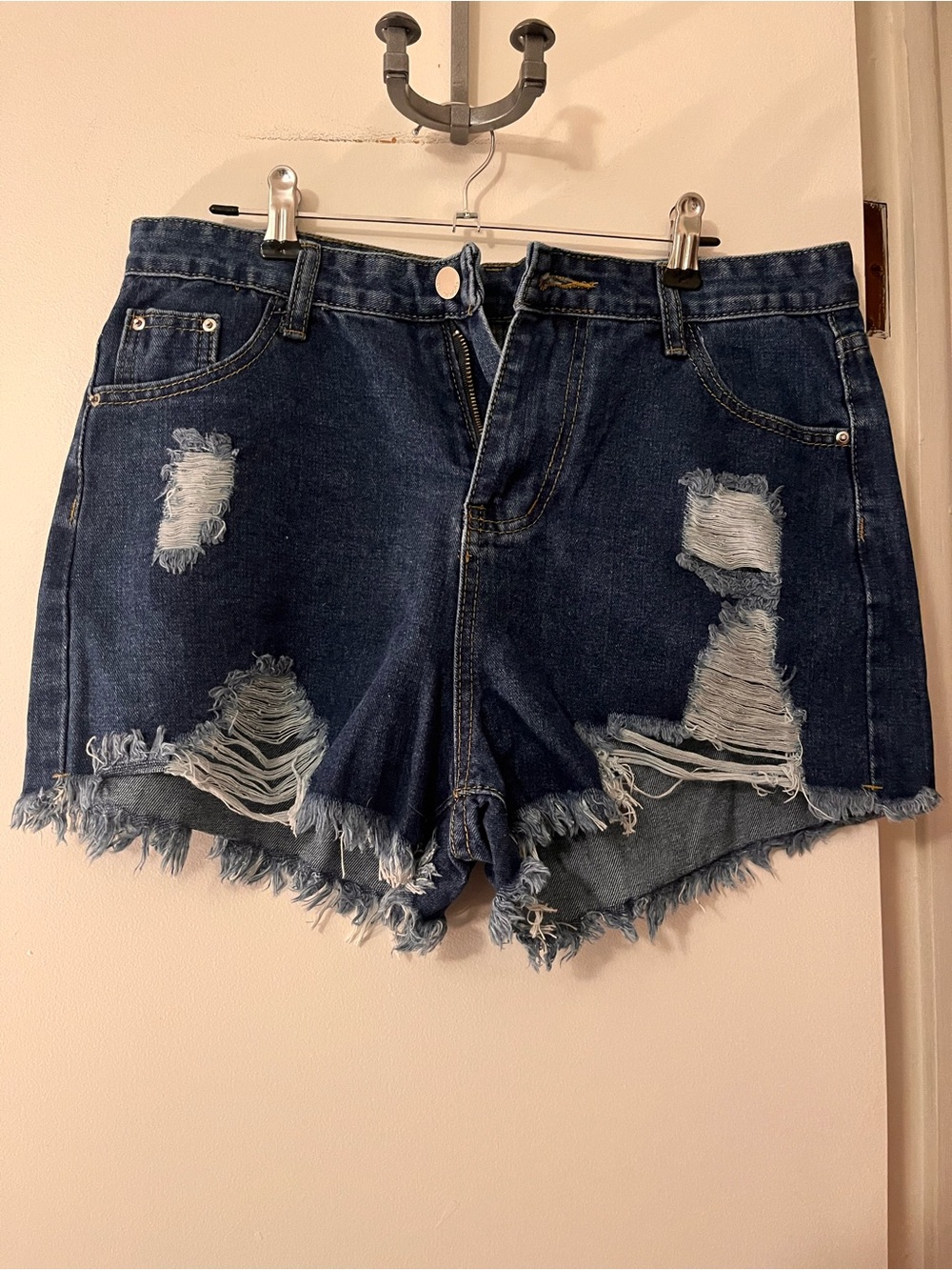 SHEIN Dark Blue Distressed High-Rise Denim Shorts